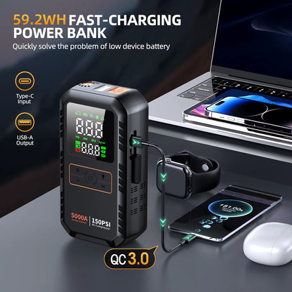 4-in-1 Portable Car Jump Starter and Air Compressor, 5000A Peak Battery Booster with 150PSI Tire Inflator and Power Bank Function