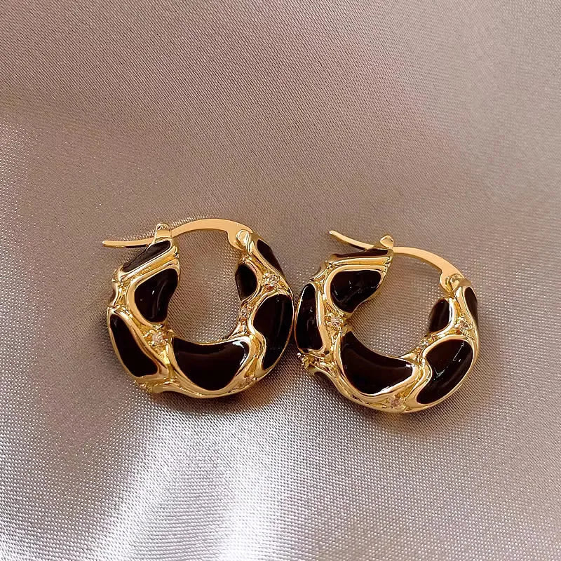 Gold Plated Black Enamel Irregular Hoop Earrings with Crystal Accents for Women