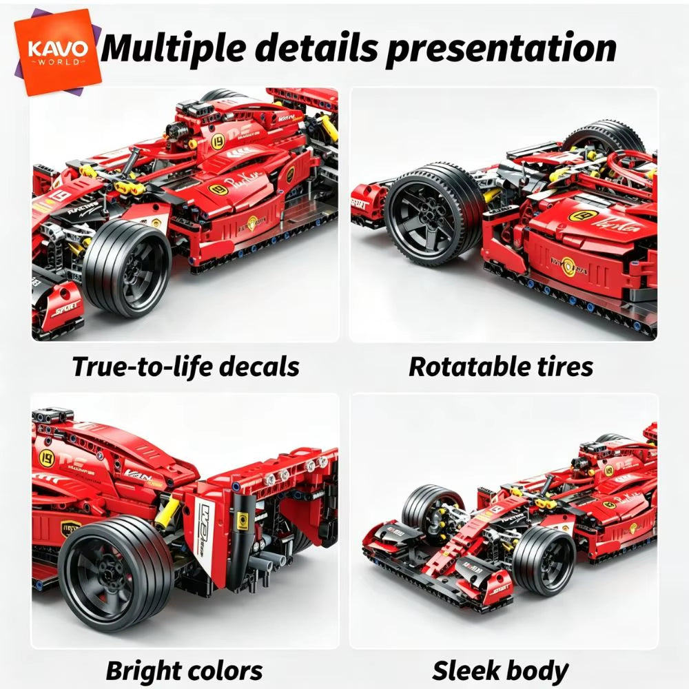 KAVOWORLD 1:10 Scale Large Sports Racing Car Building Blocks Set - 1137 Pieces MOC Formula DIY Assembly Model with Damping Suspension and Rotatable Tires, STEM Educational Toy for Desktop Display and Gift Giving for Friends and Family on Birthdays and Christmas