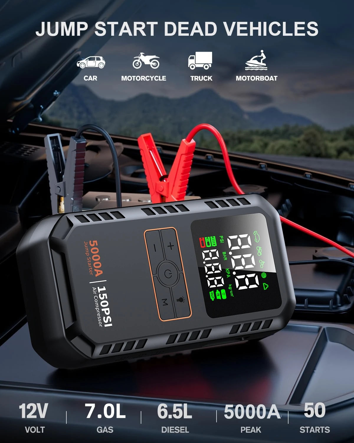 4-in-1 Portable Car Jump Starter and Air Compressor, 5000A Peak Battery Booster with 150PSI Tire Inflator and Power Bank Function