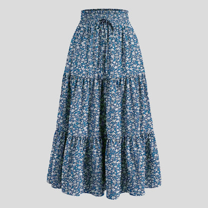 Women'S Boho Floral Print Skirt Vintage High Waist Maxi Skirts Summer Casual Loose Beach Skirt Elegant Ladies Flowy Ruffle Skirt