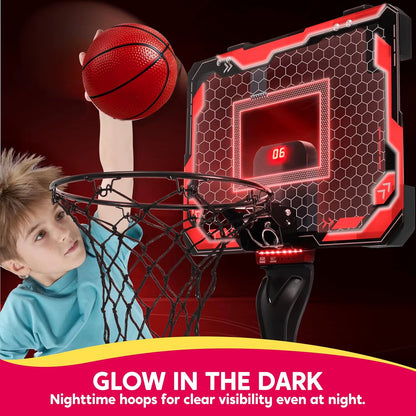 JOYFY Mini Indoor Basketball Hoop Light up over the Door Basket Ball Hoop for Kids Toys Birthday Gifts with Scoreboard & 4 Balls
