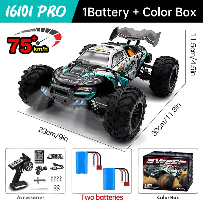 Wltoys 16101 Pro 1:16 Scale 75KM/H 4WD Remote Control Car with LED Lights - High-Speed Drift Monster Truck for Children