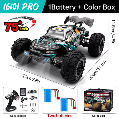 Wltoys 16101 Pro 1:16 Scale 75KM/H 4WD Remote Control Car with LED Lights - High-Speed Drift Monster Truck for Children