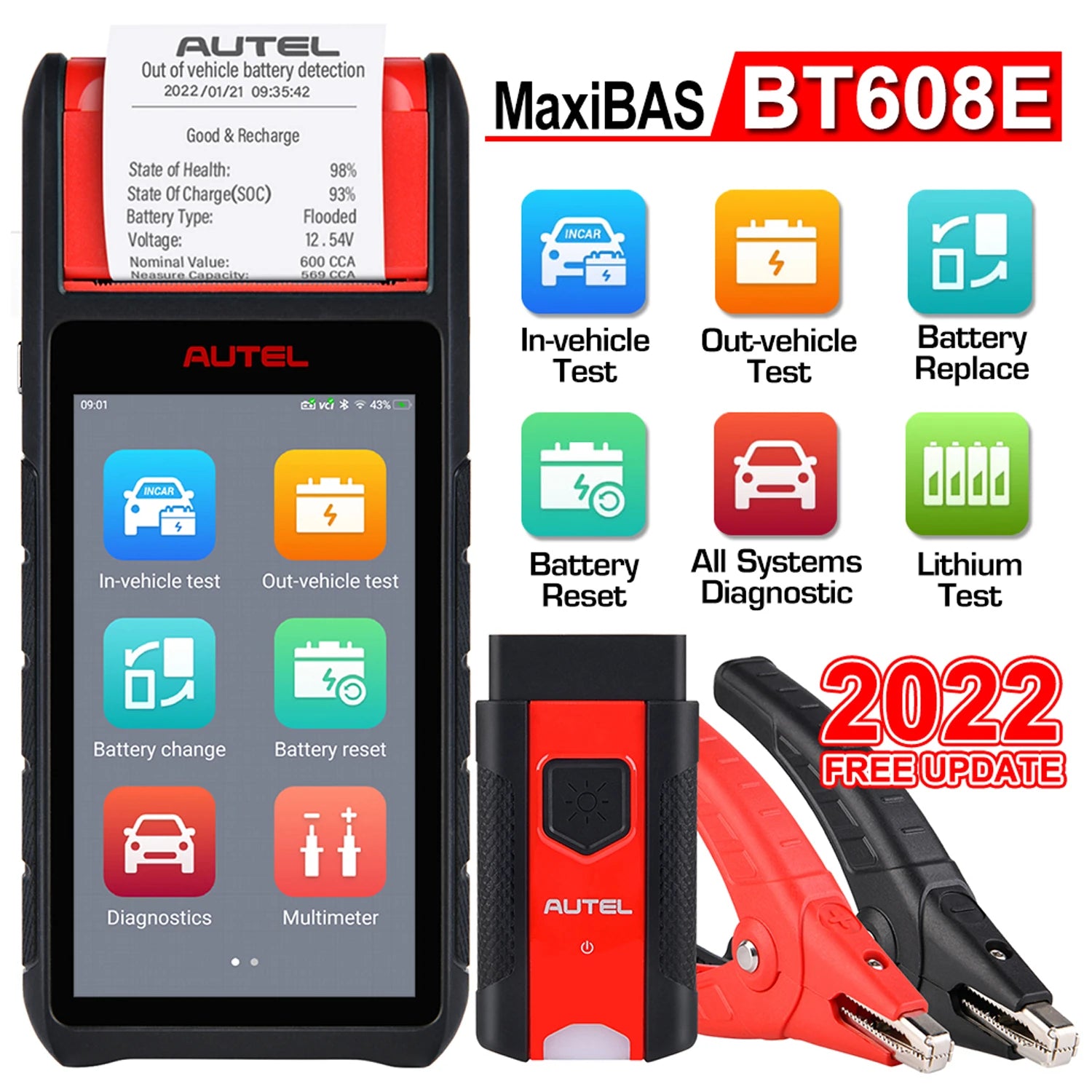  Maxibas BT608E Car Battery Tester Scanner 12V 24V 100-3000 CCA Battery Analyzer All System Diagnostic Battery Registration Tool