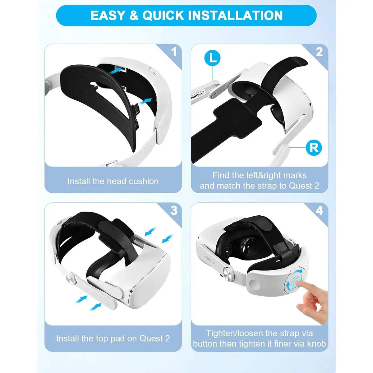 TRANSNOVO Ergonomic Adjustable Head Strap for Oculus Quest 2 and Meta Quest 2 - Enhanced Comfort VR Accessory