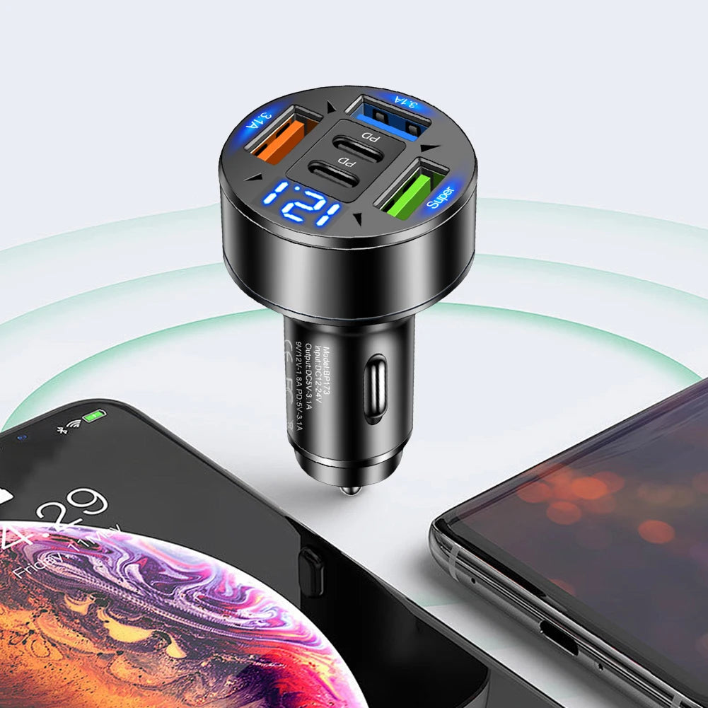 100W 5-Port Car Charger with Voltage Regulation - 12V-24V Cigarette Lighter Plug Adapter for Compatibility with Most Vehicle Models