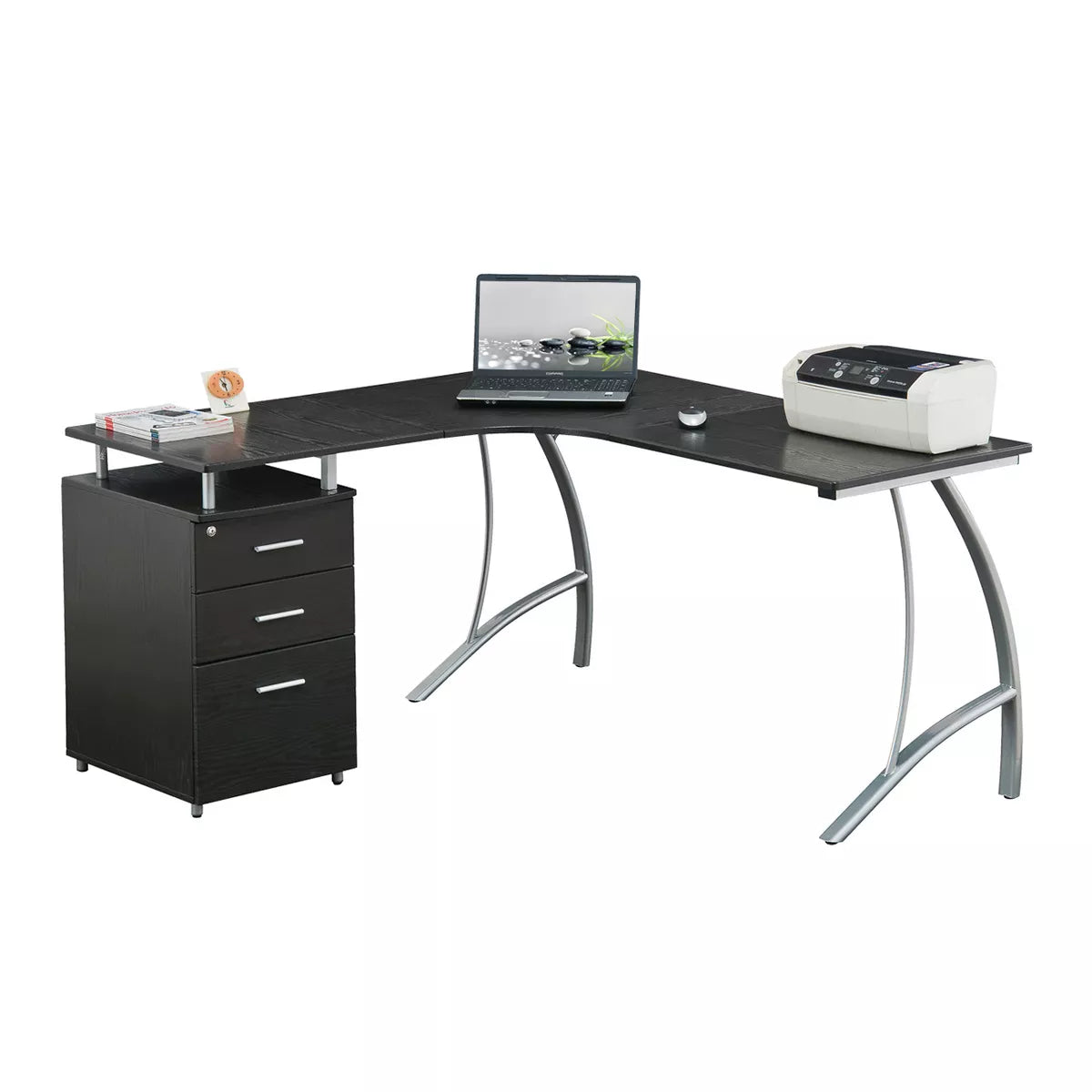 Modern L Shaped Computer Desk with File Cabinet and Storage Espresso Brown: Office Workstation, MDF & Steel Construction