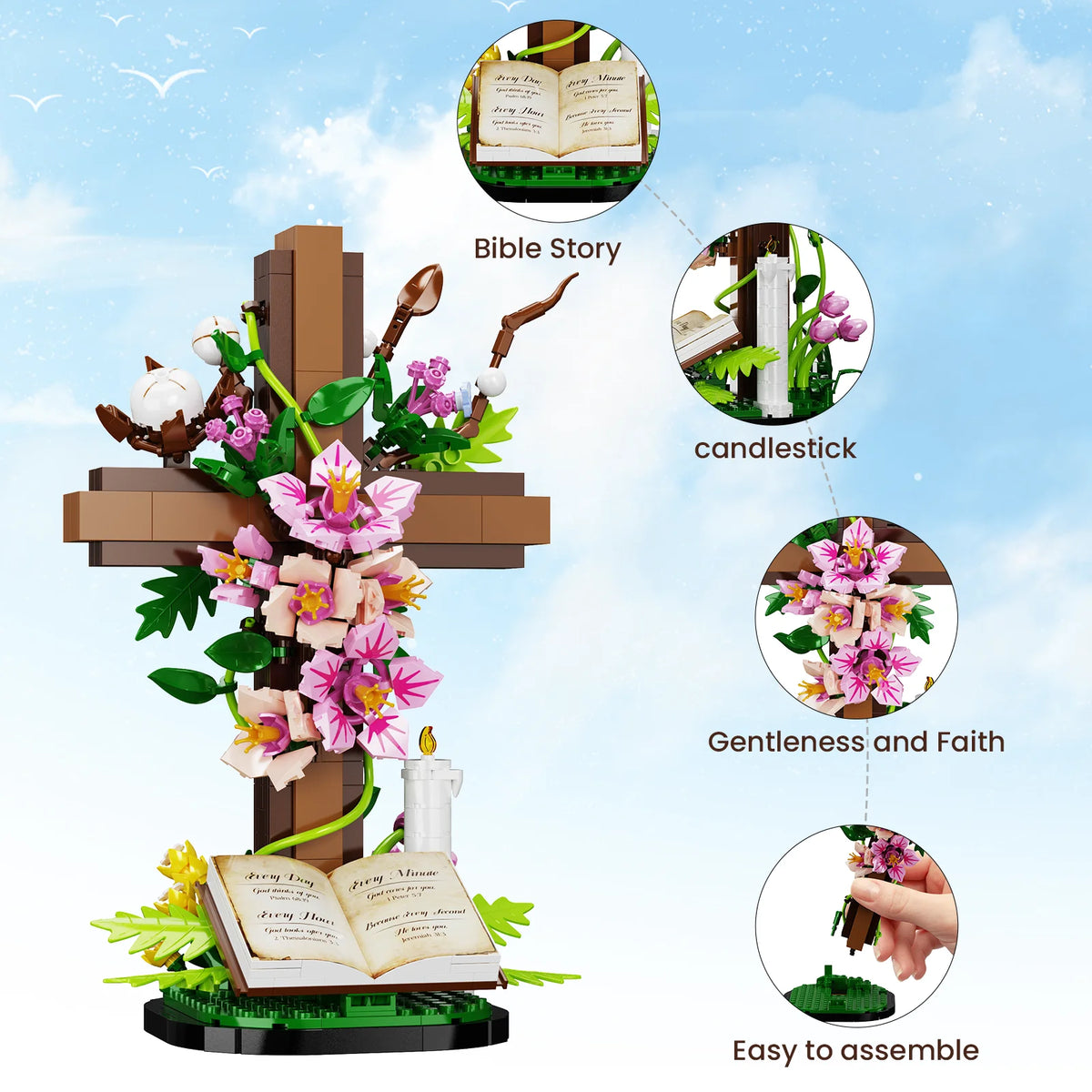 Jesus Cross Floral Building Set - Religious Collectible Block Toys for Christmas and Christian Celebrations, Ideal Gifts for Mothers and Women