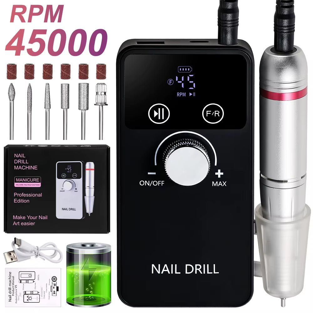 45000RPM Professional Electric Nail Drill Machine Rechargeable Nail File Nails Accessories Gel Nail Polish Sander Low Noise Tool