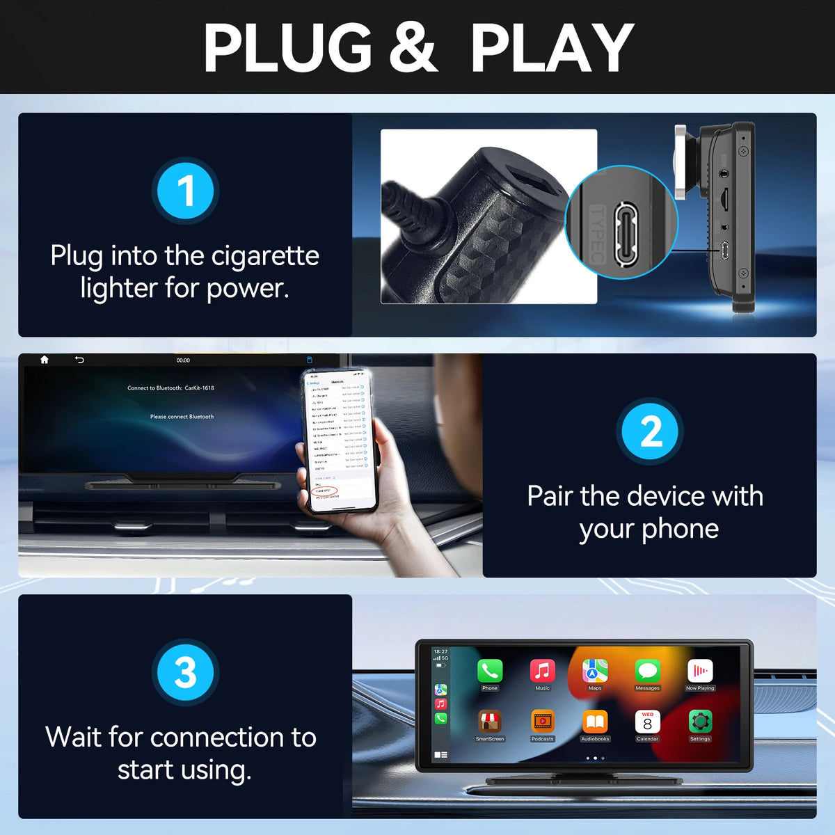 Pionray 10.26-Inch Portable 4K Dual Lens Car DVR with Wireless CarPlay, Android Auto, GPS Navigation, and WiFi FM Functionality