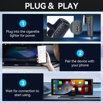 Pionray 10.26-Inch Portable 4K Dual Lens Car DVR with Wireless CarPlay, Android Auto, GPS Navigation, and WiFi FM Functionality