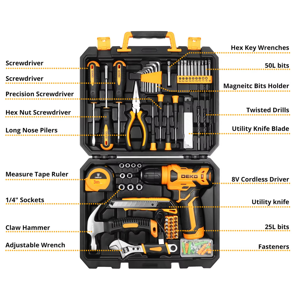126Pcs Power Tool Combo Kits with 8V Cordless Drill,10Mm 3/8'' Keyless Chuck,Professional Home Household DIY Hand Tool Kits
