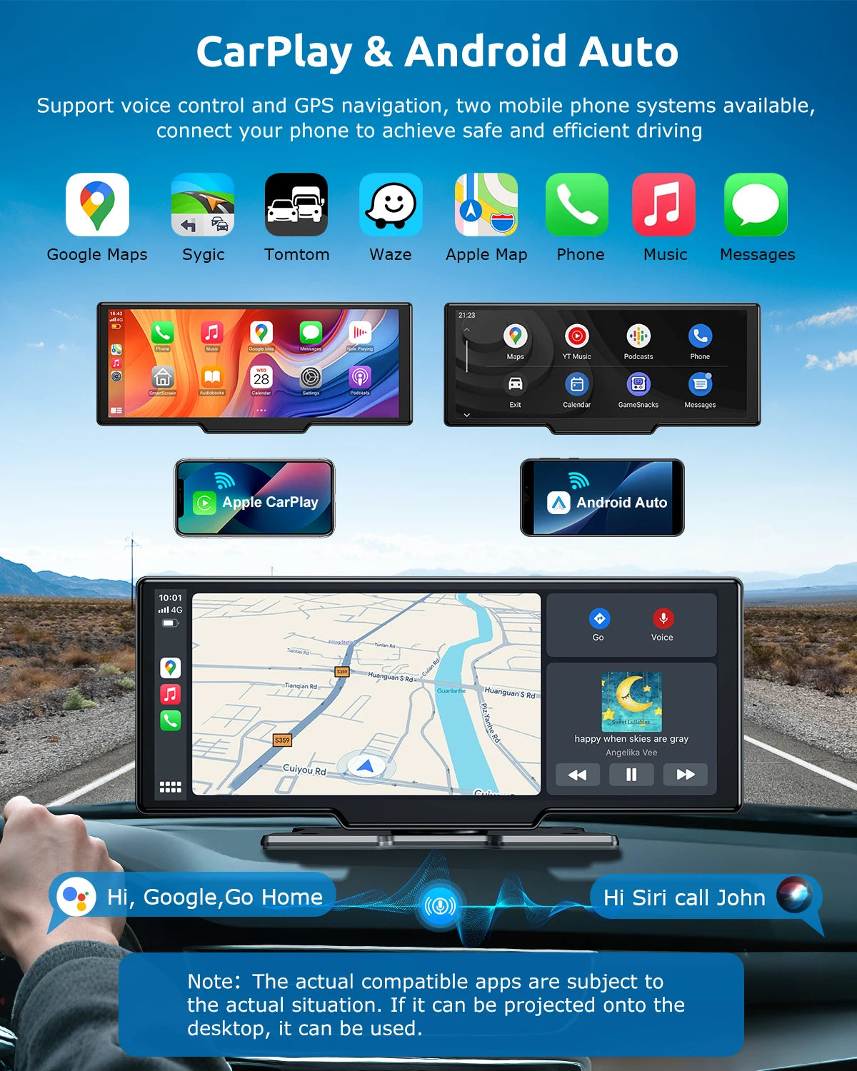 10.26" 4K Dual Lens Dash Cam with Touch Screen, 64GB Storage, Wireless Apple CarPlay and Android Auto for Car Stereo and Rearview Recording