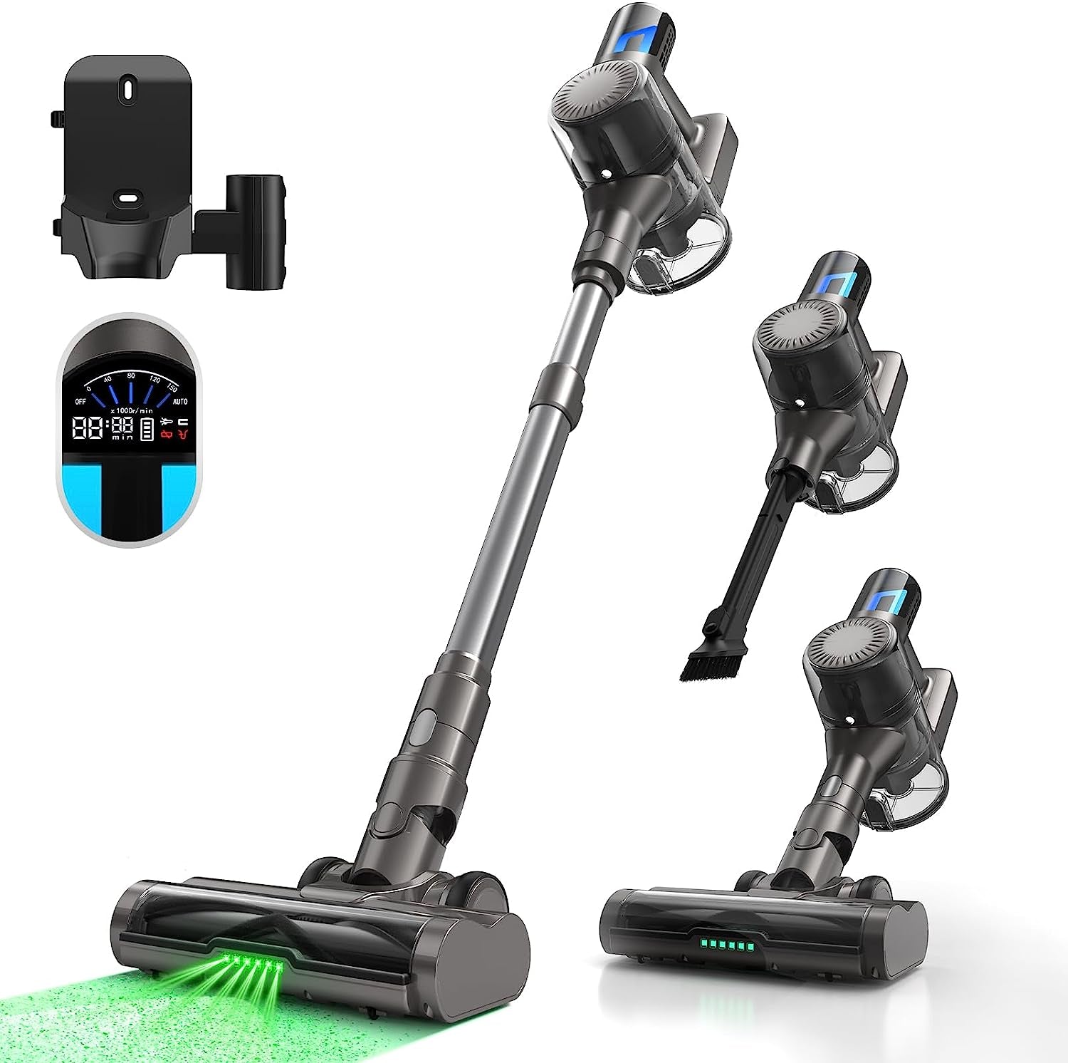 Cordless Vacuum Cleaner, Lightweight Stick Vacuum 33Kpa Powerful Suction Rechargeable Handheld for Home Pet Hair Hard Floor Carpet, Large Digital Display, Charging Moun