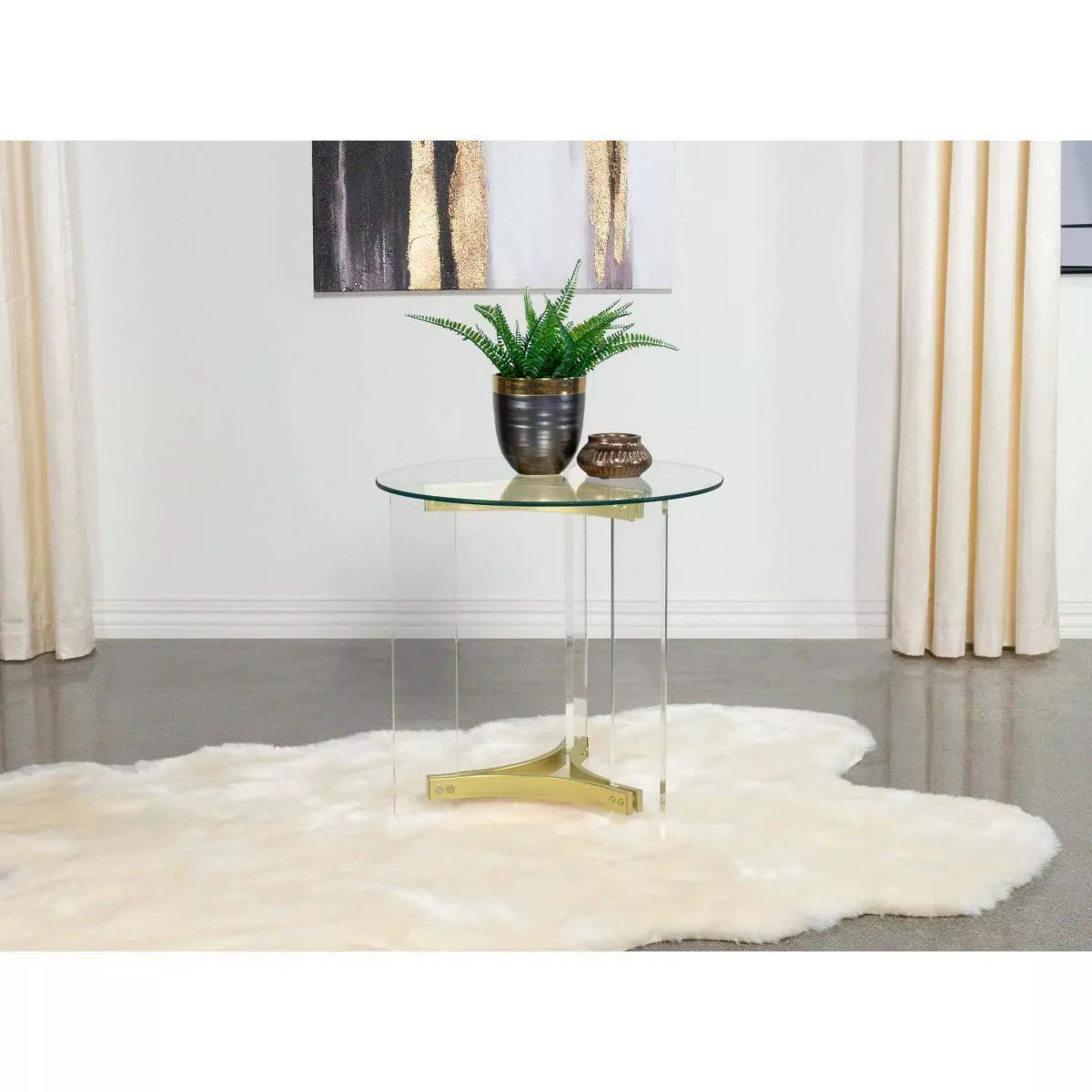 Janessa Contemporary Round Glass Top End Table with Clear Acrylic Legs and Brass Accents