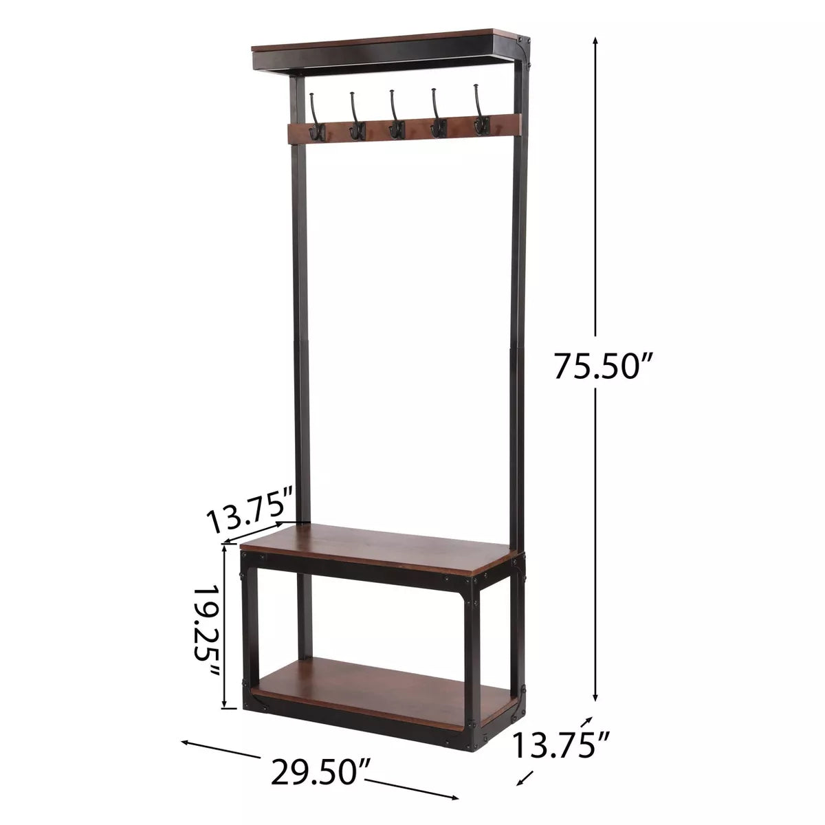 Modern Industrial Handcrafted Mango Wood Coat Rack with Bench Cafe Brown/Black -  Entryway Storage, 5 Hooks