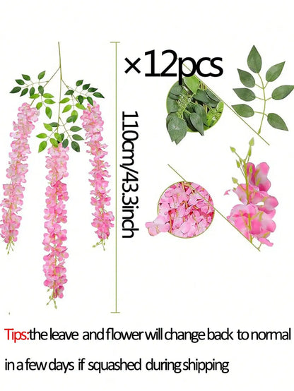 12Pcs Wisteria Artificial Fake Flower Bushy Vine Ratta Hanging Garland for Wedding Home Wall Decor Pink