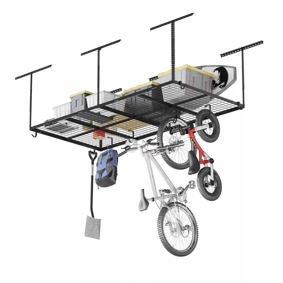 Adjustable Overhead Garage Storage Rack, 4' x 8', with 8 Accessory Hooks, Black Steel Utility Shelves