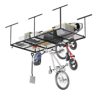 Adjustable Overhead Garage Storage Rack, 4' x 8', with 8 Accessory Hooks, Black Steel Utility Shelves