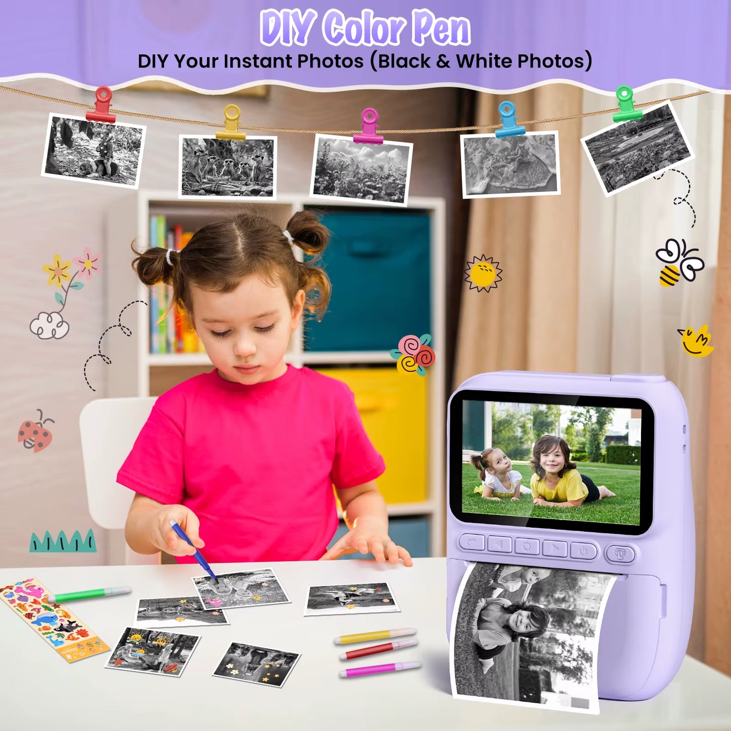 Kids Digital Camera 3.0" Portable Instant Print Camera 32MP HD 1080P Camera Toy Gift for 6-12 Year with 3 Rolls Printer Paper