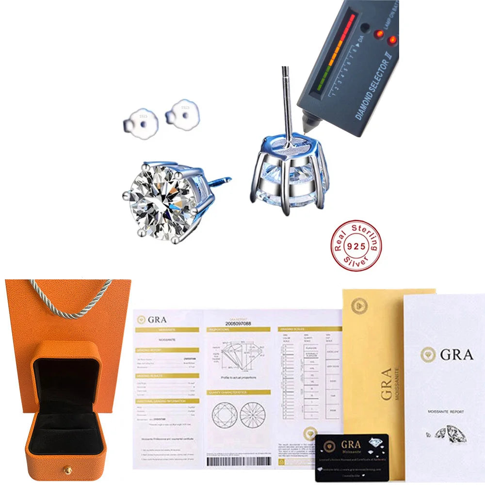 CBTB 925 Sterling Silver GRA Certified 0.5-3CT Real Moissanite D Color VVS1 Six-Jaw Stud Earrings for Women - Wedding Band Jewelry