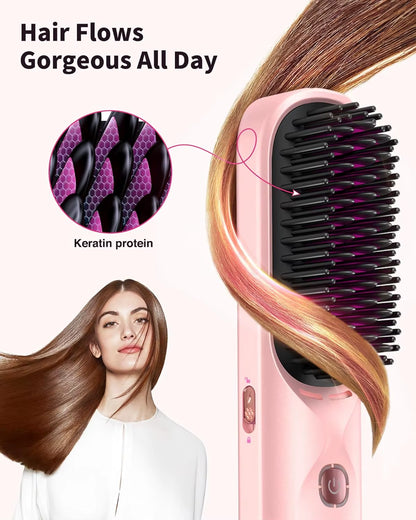 Cordless Hair Straightener Brush 450°F Adjustable Temp 30S Fast Heating 10000Mah Travel Wireless Straightening Comb Adult Kids