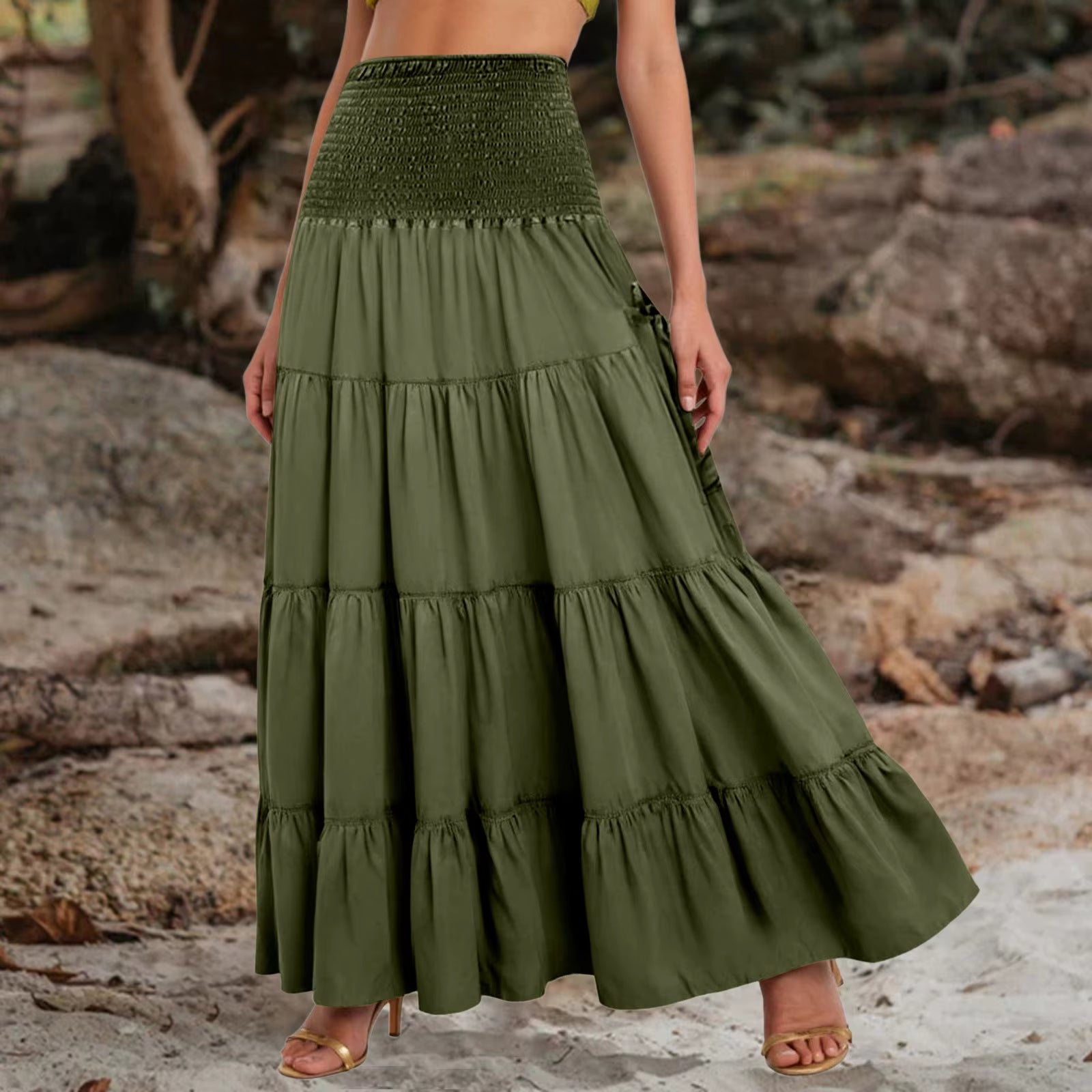 Boho Tiered A-Line Skirt Women Forest Fairy Pockets Patchwork Long Dress Elastic Waist Vintage Hippie Gypsy Maxi Skirt 스커트