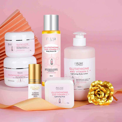 AILKE Glutathione and Vitamin C Skincare Set: Whitening Lotion, Moisturizing Cream, Lightening Soap, Spa Oil, and Glowing Body Cream