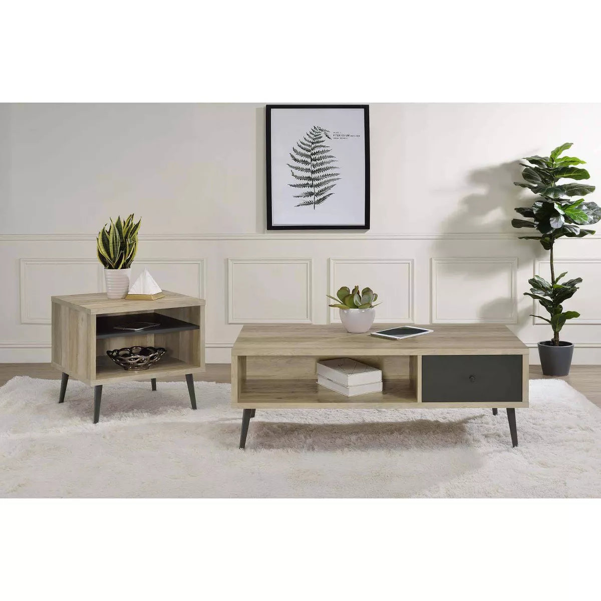 Mid Century Modern Wood Coffee Table with Drawer and Shelf Antique Pine/Gray