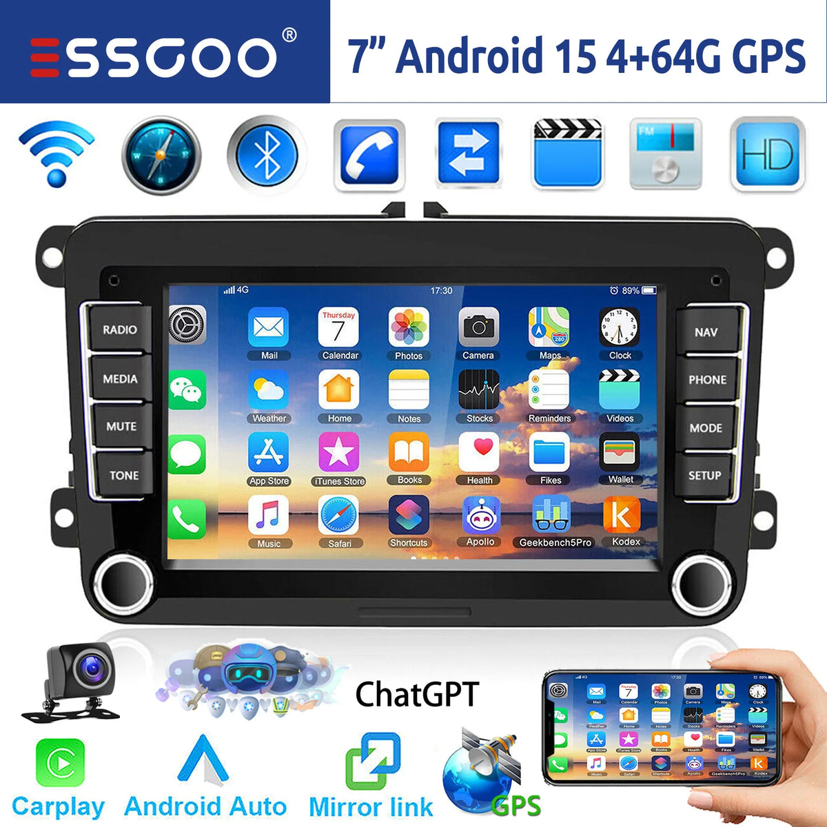 ESSGOO 7-Inch Android Car Stereo with 4G RAM, 64G Storage, Apple CarPlay, ChatGPT, GPS, WiFi, RDS, and Bluetooth Compatibility for VW Golf 5/6, Passat, Polo, Touran, Tiguan, Caddy, and EOS