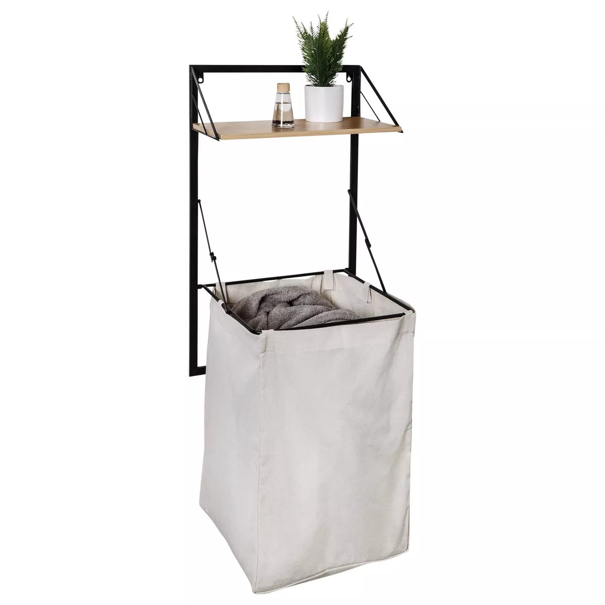 Laundry Shelf + Hamper Combo with Wood Light Oak: Wall Mounted Hanging Clothes Hamper, Collapsible Sorter
