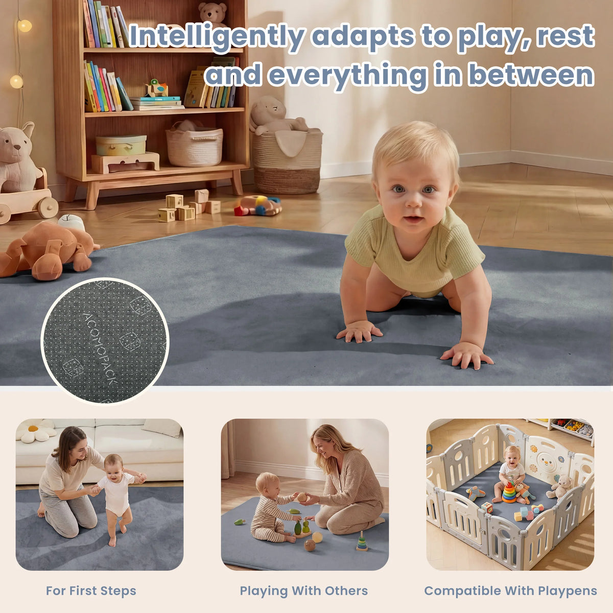 2cm Thick Memory Foam Baby Play Mat - Large Non-Slip Velvet Crawling Rug for Tummy Time and Nursery Use