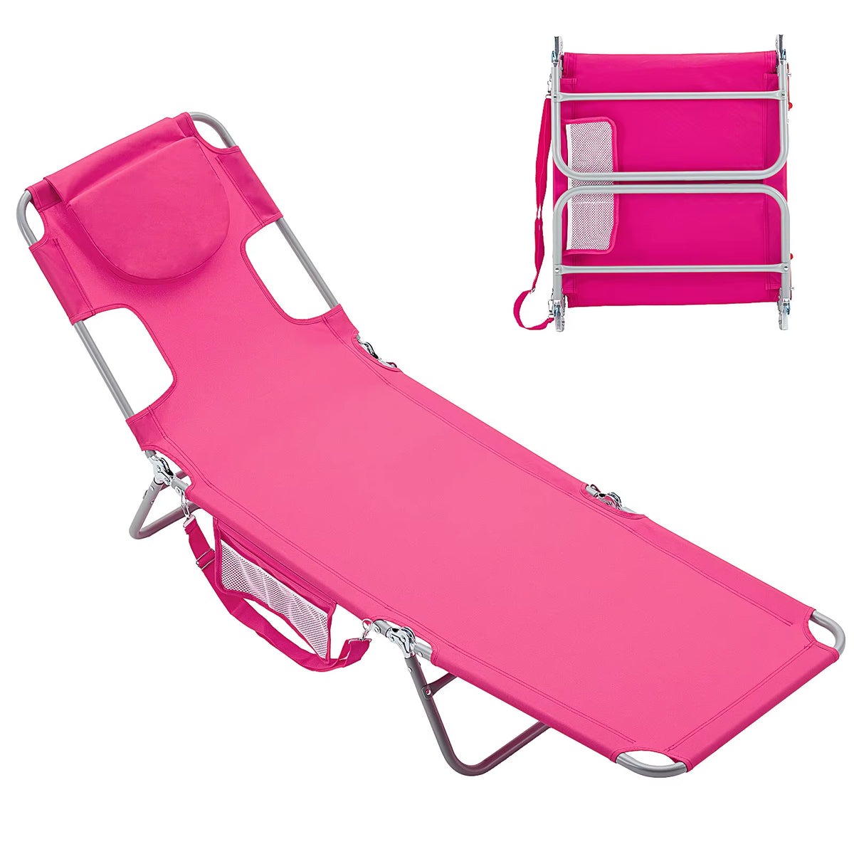 JHK 5-Position Adjustable Reclining Beach Lounge Chair - Portable Folding Sun Chair with Face and Arm Holes, Supports Up to 225 lbs for Patio Use