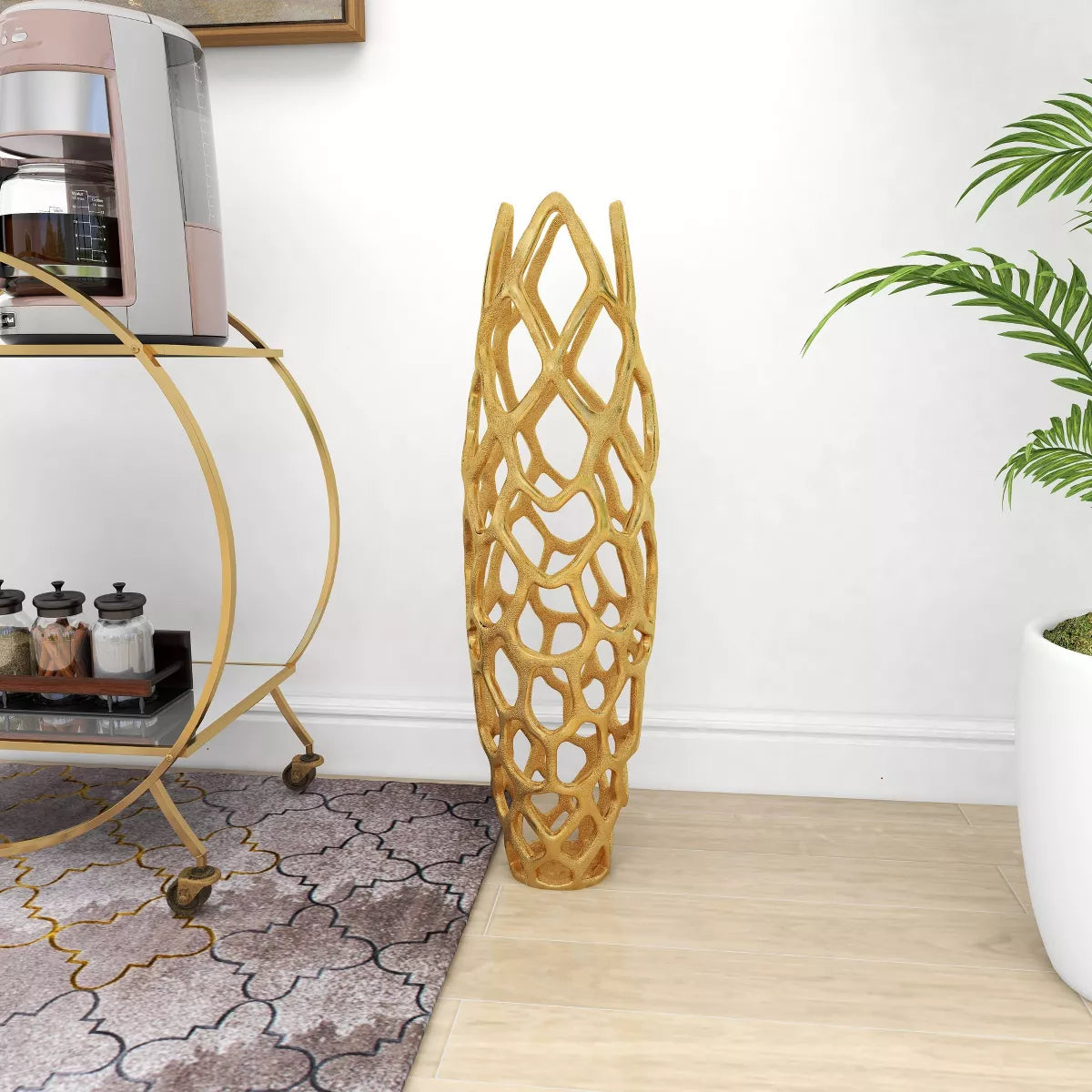 31" x 9" Contemporary Gold Aluminum Vase with Eclectic Woven Net Design