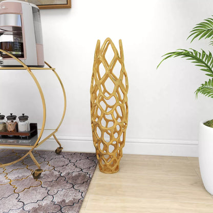 31" x 9" Contemporary Gold Aluminum Vase with Eclectic Woven Net Design