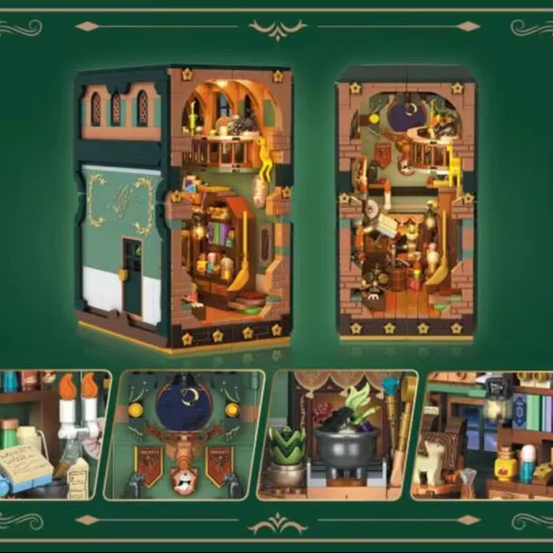 Magic Potion Book Nook Building Set with LED Light - DIY Bookend for Home Decor, Miniature House Brick Model for Adults and Kids