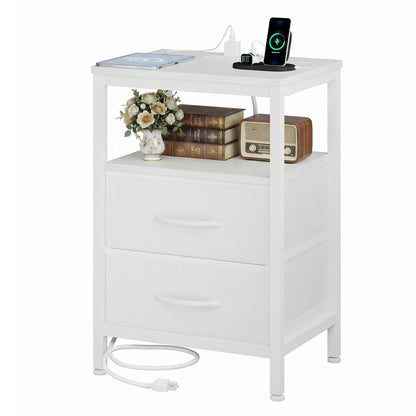 JHK 2-Drawer Fabric Nightstand with Open Shelf and USB Charging Station - Versatile Storage End Table for Living Room