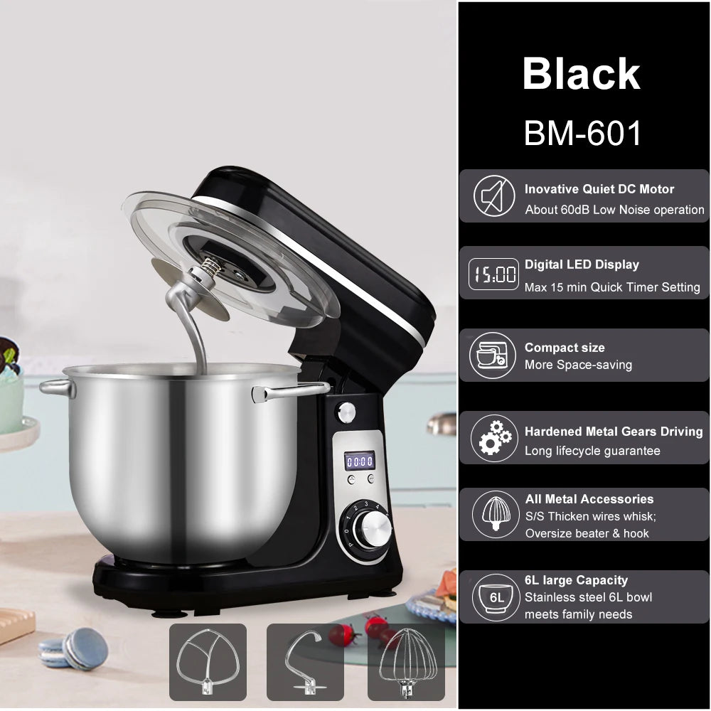 Biolomix Professional Kitchen Stand Mixer with Quiet Motor, 6-Speed Settings, 1200W Power, 6L Capacity, and Cream Egg Whisk Attachment