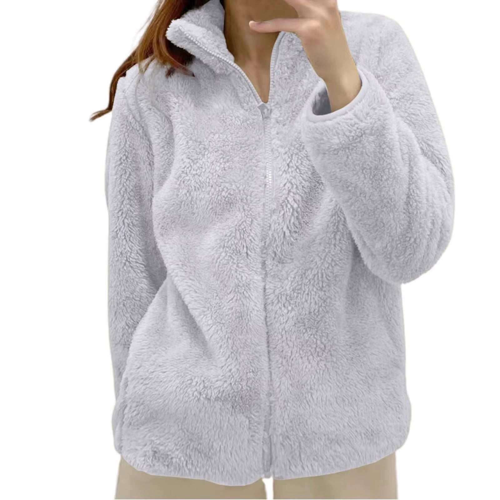Women Casual Zip up Fleece Jacket Solid Color Long Plush Polar Warm Zipper Outwears Female Gils Lamb Wool Jackets with Pockets