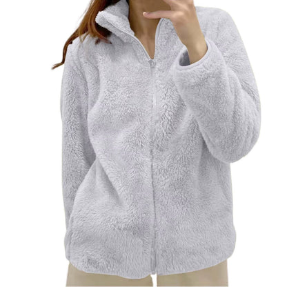 Women Casual Zip up Fleece Jacket Solid Color Long Plush Polar Warm Zipper Outwears Female Gils Lamb Wool Jackets with Pockets