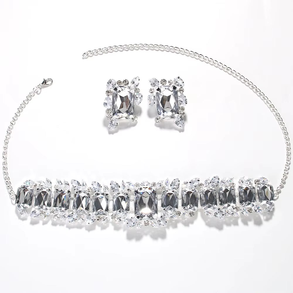 Stonefans Bride Crystal Necklace Earrings Set Bridesmaid Wedding Jewellry Two Pieces Choker Necklace Prom Costume Jewelry Sets
