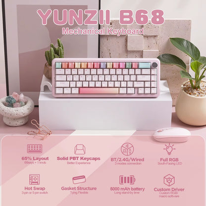 YUNZII B68 Wireless Mechanical Gaming Keyboard, Tri-Mode Hot Swappable Cute Gasket Mounted Creamy Keyboard for Win/Mac,