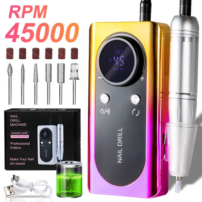 45000RPM Electric Nail Drill File Rechargeable Electric Nail Polishing Machine for Acrylic Gel Dip Powder Manicure Pedicure Tool