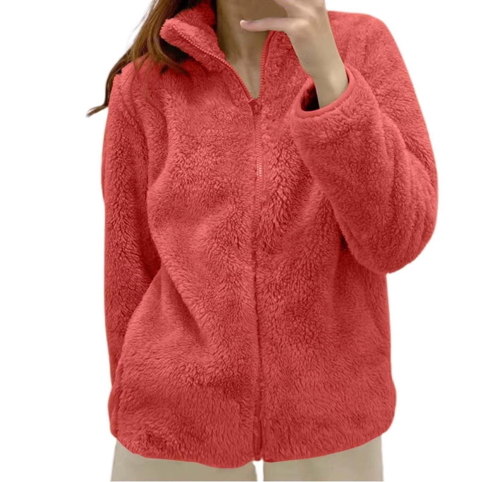 Women Casual Zip up Fleece Jacket Solid Color Long Plush Polar Warm Zipper Outwears Female Gils Lamb Wool Jackets with Pockets