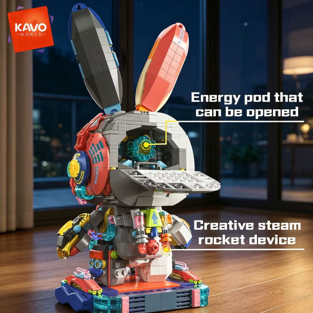 KAVOWORLD 1377-Piece Robot Rabbit Building Blocks Set with LED Light, Multi-Point Rotatable Detachable Base, DIY Cyberpunk Mecha Construction Kit for Home and Office Decor, Ideal Gift for Teens and Adults