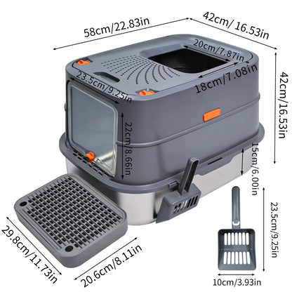 Enclosed Stainless Steel Cat Litter Box with Lid Extra Large for Big Cats Kitty Metal Litter Pan Tray High Wall Sides
