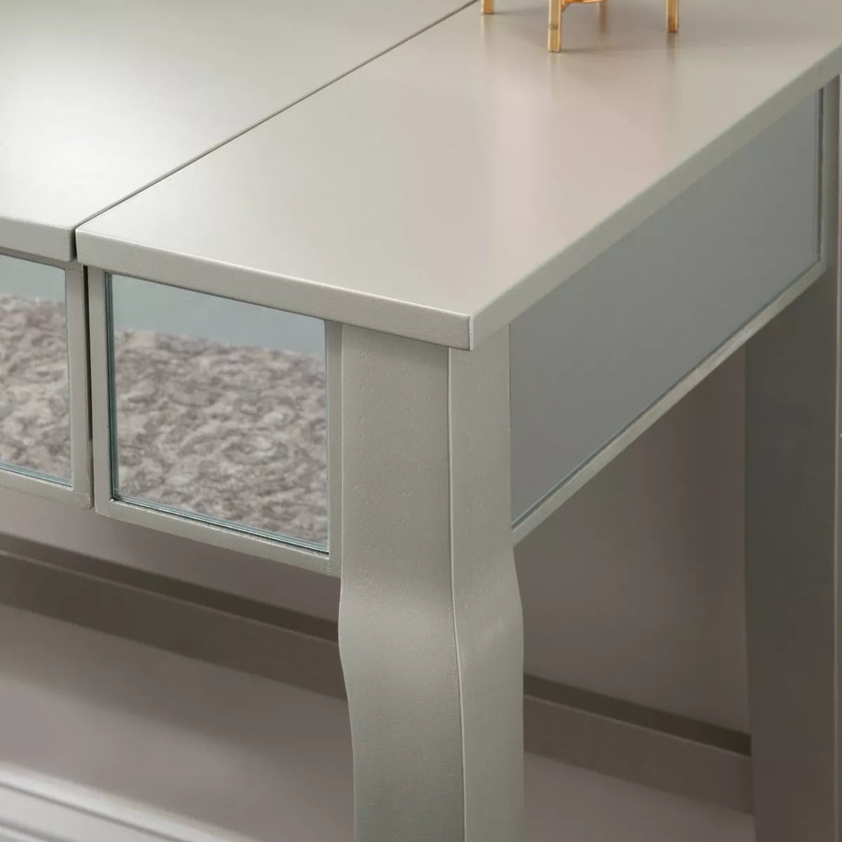 Harper Glam Flip-Up Mirror Wood Vanity and Gray Upholstered Stool Mirror and Silver
