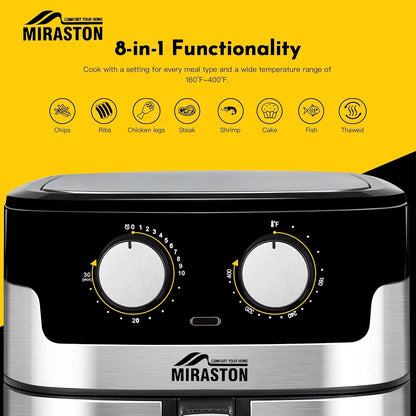 8.5QT Air Fryer, Upgraded Family Size Capacity, Visual Window, Square Basket Dials Stainless Steel Air Fryers, Reheat Leftovers,