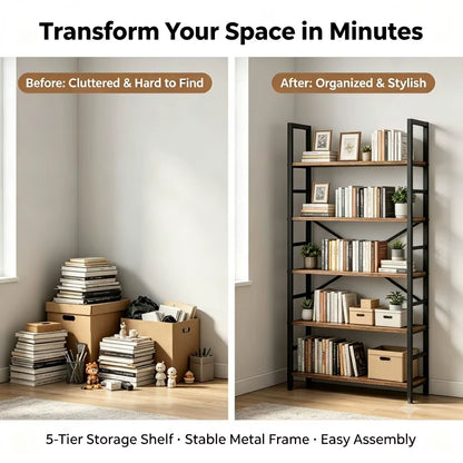 5 & 6 Tier Industrial Rustic Wood Bookcase with Black Metal Frame - Freestanding Multipurpose Storage Organizer for Bedroom, Living Room, Office, Kitchen, and Plant Decor